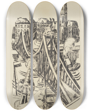 Triptych art skateboard deck of Max Beckmann Large Bridge The Eiserne Steg In Frankfurt Am Main by Max Beckmann (1884-1950)