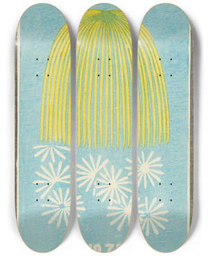 Triptych art skateboard deck of Jinta Hirayama Illustrated Catalogue Of Daylight Bomb Shells No 75 by Jinta Hirayama (19-)
