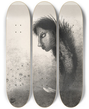 Triptych art skateboard deck of Odilon Redon Then There Appears A Singular Being Having The Head Of A Man On The Body Of A Fish by Odilon Redon (1840-1916)