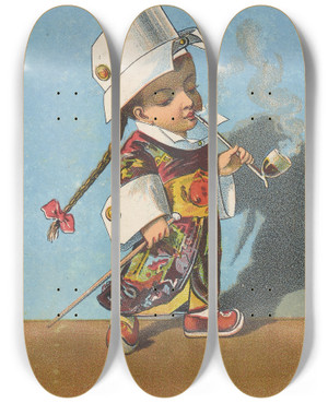 Triptych art skateboard deck of Donaldson Brothers Trade Card For Celluloid Waterproof Collars Cuffs And Shirt Bosoms_1 by Donaldson Brothers