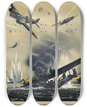 Triptych art skateboard deck of Roy Nockolds Smash Japanese Aggression by Roy Nockolds (1911-1979)