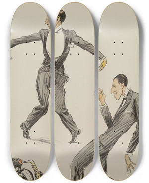 Triptych art skateboard deck of Georges Goursat Sem Deux Hommes Dansant Le Charleston Au Son Dun Saxophone by Georges Goursat (Sem) (1863-1934)