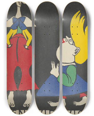 Triptych art skateboard deck of Rudolf Kalvach Veni Vidi Vici by Rudolf Kalvach (1883-1932)