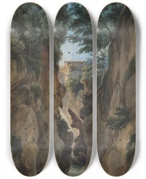 Triptych art skateboard deck of Achille Etna Michallon View Of A Waterfall Through A Ravine by Achille Etna Michallon (1796-1822)