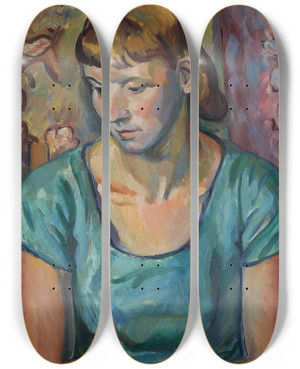 Triptych art skateboard deck of Bernard Meninsky The Green Dress by Bernard Meninsky (1891-1950)