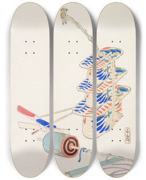 Triptych art skateboard deck of Kawasaki Kyosen Kyosens Collected Illustrations Of Japanese Toys Pl037 by Kawasaki Kyosen (1877-1942)