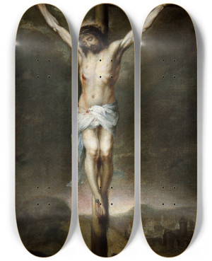Triptych art skateboard deck of Bartolom Estebn Murillo The Crucifixion_1 by Bartolome Esteban Murillo (1617-1682)