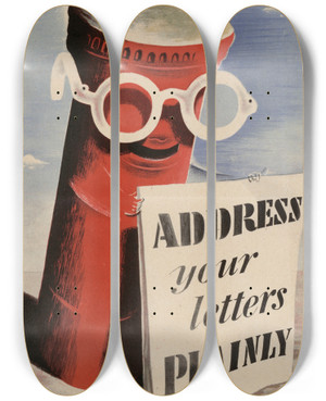 Triptych art skateboard deck of Hans Schleger Address Your Letters Plainly by Hans Schleger (1898-1976)