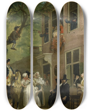 Triptych art skateboard deck of Cornelis Troost Misled The Ambassador Of The Rascals Exposes Himself From The Window Of T Bokki Tavern In The Haarlemmerhout by Cornelis Troost (1696-1750)
