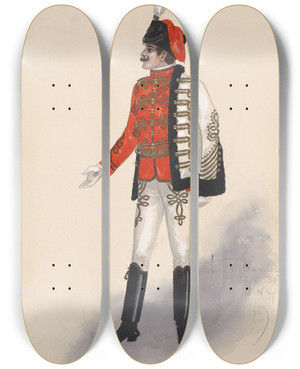 Triptych art skateboard deck of Will R Barnes Officer Costume 132 by Will R Barnes (1939)