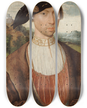 Triptych art skateboard deck of Jan Jansz Mostaert Portrait De Joost Van Bronkhorst by Jan Jansz Mostaert (1475-1552)