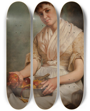 Triptych art skateboard deck of John George Brown Girl Peeling Apples by John George Brown (1831-1913)