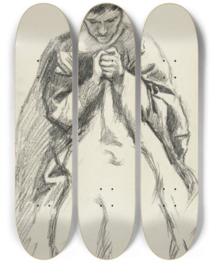 Triptych art skateboard deck of Edwin Austin Abbey Robed Figure Praying Study For The Quest Of The Holy Grail Mural Series At Boston Public Library by Edwin Austin Abbey (1852-1911)