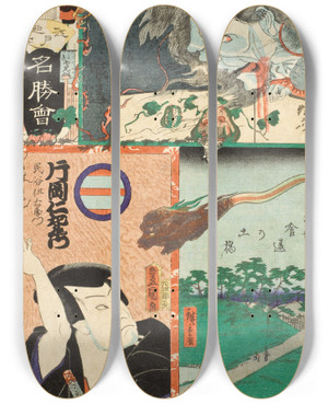 Triptych art skateboard deck of Utagawa Kunisada Toyokuni Iii Ma Brigade Fifth Squad Earthen Bridge By Kuitachi In Asakusa Kataoka Nizaemon Viii As Tamigaya Iemon by Utagawa Kunisada (Toyokuni III) (1786-1865)