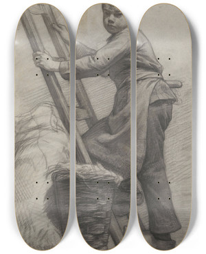 Triptych art skateboard deck of Jan Veth Jongen Staande Bij Een Ladder En Een Mand by Jan Veth (1864-1925)