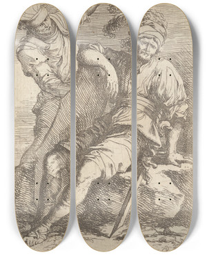 Triptych art skateboard deck of Salvator Rosa Two Soldiers One Seated With Sword And Shield by Salvator Rosa (1615-1673)