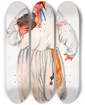 Triptych art skateboard deck of Boris Kustodiev Costume Design For Kum From The Fair At Sorochyntsi By Modest Mussorgsky by Boris Kustodiev (1878-1927)