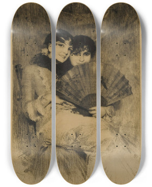 Triptych art skateboard deck of Anders Zorn Kusinerna The Cousins by Anders Zorn (1860-1920)