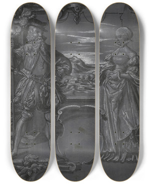 Triptych art skateboard deck of Tobias Stimmer Design For Glass Painting Man And Woman In Architectural Setting by Tobias Stimmer (1539-1584)