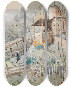 Triptych art skateboard deck of Eduard Zetsche Gemsegarten by Eduard Zetsche (1844-1927)