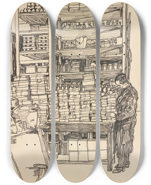 Triptych art skateboard deck of Egon Schiele Supply Depot Storeroom With Civilian Worker In Vienna Schottenfeldgasse by Egon Schiele (1890-1918)