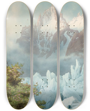 Triptych art skateboard deck of James Whittetsmith Les Grands Charmoz Audessus De La Mer De Glace Chamonix by James Whittet-Smith