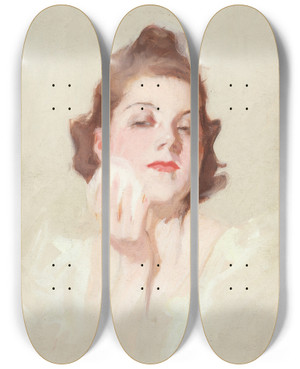 Triptych art skateboard deck of Brynolf Wennerberg Mdchen Mit Puderquaste by Brynolf Wennerberg (1866-1950)