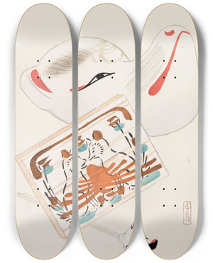 Triptych art skateboard deck of Kawasaki Kyosen Kyosens Collected Illustrations Of Japanese Toys Pl059 by Kawasaki Kyosen (1877-1942)
