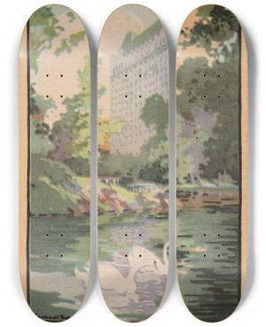 Triptych art skateboard deck of Rachael Robinson Elmer Hotel Plaza From Central Park by Rachael Robinson Elmer (1878-1919)
