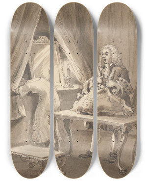 Triptych art skateboard deck of John Thomas Smith Hogarth After His Wife Had Put On A New Night Shirt Ties Up Her Things To Send To Sir James Thornhill With A Letter by John Thomas Smith (1766-1833)
