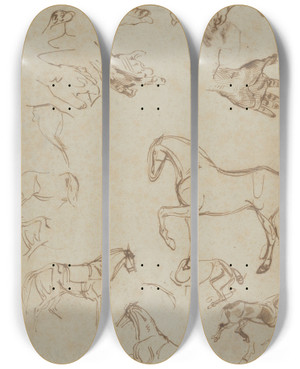 Triptych art skateboard deck of Eugne Delacroix Studies Of Horses Hands And Feet by Eugene Delacroix (1798-1863)