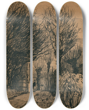 Triptych art skateboard deck of Theo Van Hoytema Laantje In Een Tuin Met Knotwilgen by Theo Van Hoytema (1863-1917)