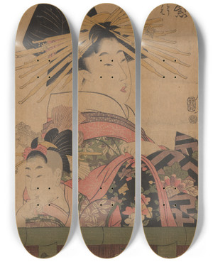 Triptych art skateboard deck of Kitagawa Utamaro Portrait Of Beauty Hanamurasaki At Tamaya by Kitagawa Utamaro (1753-1806)