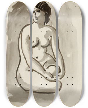 Triptych art skateboard deck of Carl Newman Seated Female Nude_1 by Carl Newman (1858-1932)