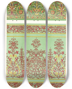 Triptych art skateboard deck of John Charles Robinson Italian Cinquecento Embroidered Silks by John Charles Robinson (1824-1913)