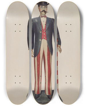 Triptych art skateboard deck of Helen E Gilman Dapper Dan Store Figure by Helen E Gilman
