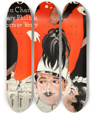 Triptych art skateboard deck of Eric Rohman The Phantom Of The Opera by Eric Rohman (1891-1949)