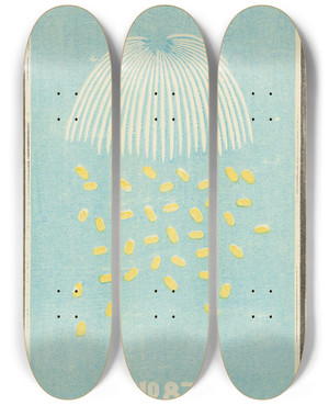 Triptych art skateboard deck of Jinta Hirayama Illustrated Catalogue Of Daylight Bomb Shells No 87 by Jinta Hirayama (19-)