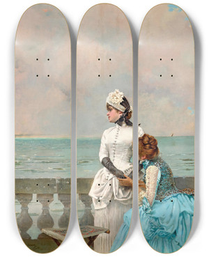 Triptych art skateboard deck of Vittorio Matteo Corcos Dismois Tout by Vittorio Matteo Corcos (1859-1933)