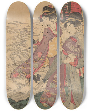 Triptych art skateboard deck of Kitagawa Utamaro Two Women With Children At The Seashore by Kitagawa Utamaro (1753-1806)