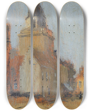 Triptych art skateboard deck of Frank Edwin Scott Eglise De Ville by Frank Edwin Scott (1863-1929)