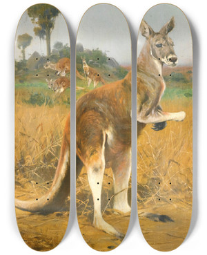 Triptych art skateboard deck of Wilhelm Kuhnert Red Kangaroos In The Outback by Wilhelm Kuhnert (1865-1926)
