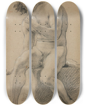 Triptych art skateboard deck of Michel Dorigny Study Of A Seated Male Nude by Michel Dorigny (1617-1665)