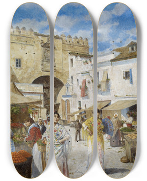 Triptych art skateboard deck of Joaqun Turina Y Areal At The Market by Joaquin Turina Y Areal (1847-1903)