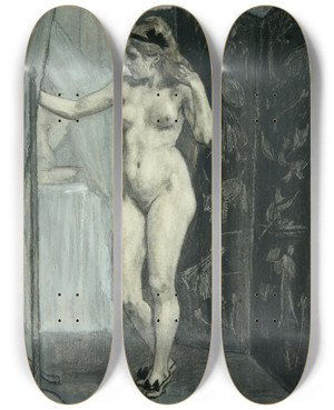 Triptych art skateboard deck of Flicien Rops Le Paravent by Felicien Rops (1833-1898)