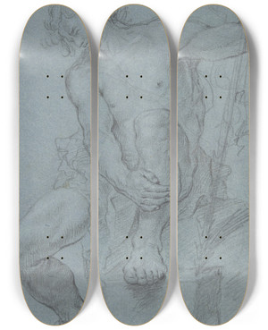 Triptych art skateboard deck of Franz Xaver Messerschmidt Seated Male Nude Holding A Staff by Franz Xaver Messerschmidt (1736-1783)