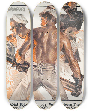 Triptych art skateboard deck of Jc Leyendecker Colliers by J.C. Leyendecker (1874-1951) Triptych art skateboard deck of Jc Leyendecker Colliers by J.C. Leyendecker (1874-1951)