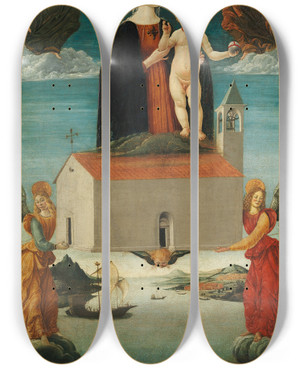 Triptych art skateboard deck of Saturnino Gatti The Translation Of The Holy House Of Loreto by Saturnino Gatti (1463-1518)
