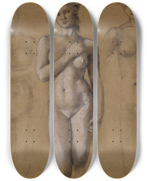 Triptych art skateboard deck of Sir Edward Coley Burnejones Female Nude Three Studies Possibly For Venus by Sir Edward Coley Burne-Jones (1833-1898)