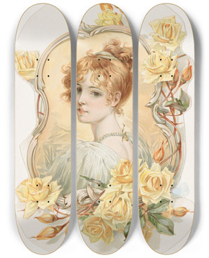 Triptych art skateboard deck of Louis Prang Womans Portrait Enframed With Yellow Roses by Louis Prang (1824-1909)